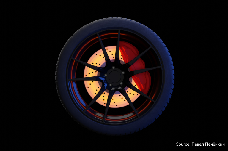A bright red brake on a vehicle's wheel. So far, Nissan faces two class action lawsuits alleging that Forward Emergency Braking (FEB) systems and/or Automatic Emergency Braking (AEB) systems cause Nissan vehicles to brake at random.